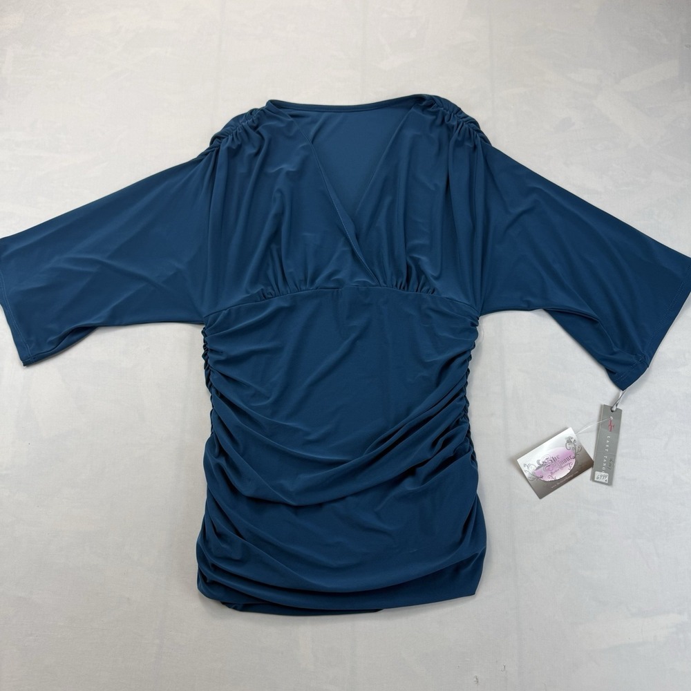 Last Tango Women's Large NWT Teal Ruched V-Neck Kimono Sleeve Tunic Top USA